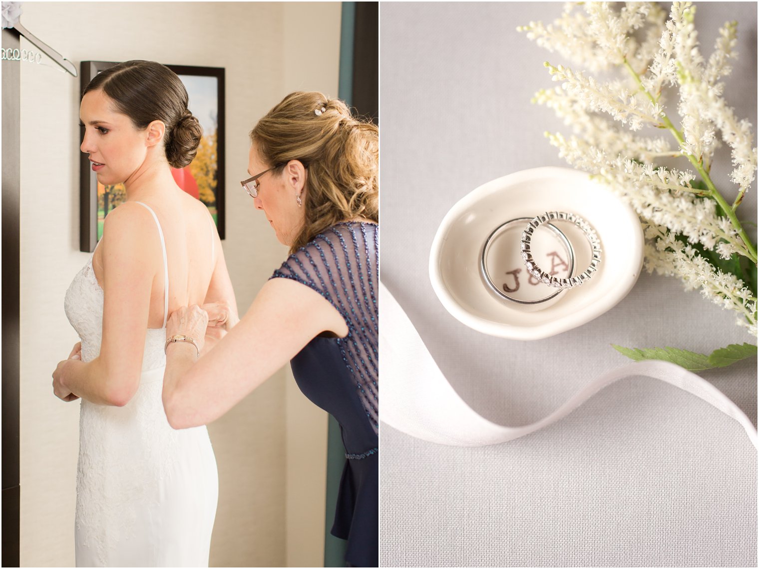 Mother helping bride into her dress | Photos by Idalia Photography