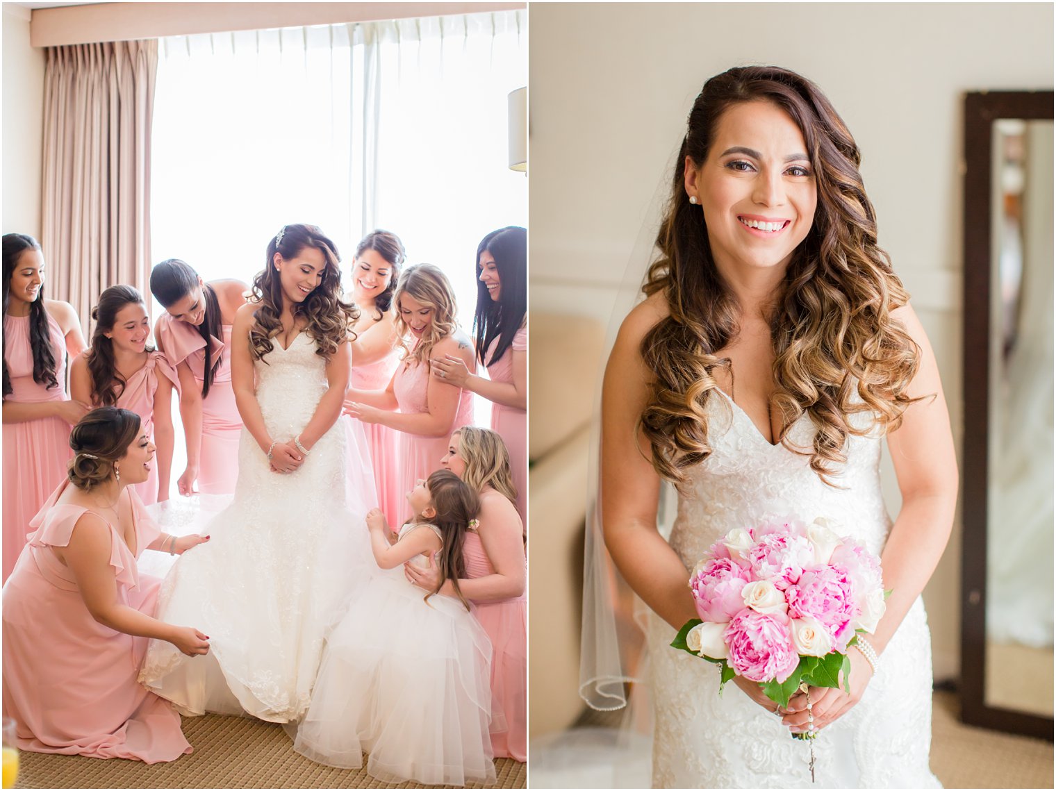 Bridesmaids in pink Dessy dresses | Photo by Idalia Photography