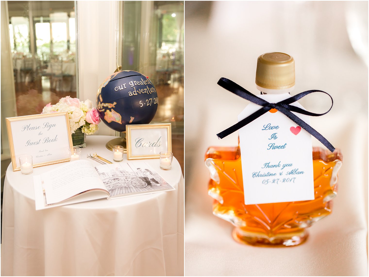 Canadian maple syrup wedding favor | Guest book idea with globe | Photos by Idalia Photography