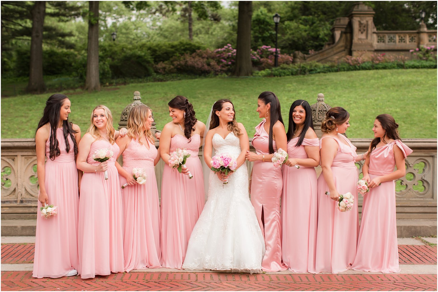 Bridesmaids in pink Dessy dresses | Photo by Idalia Photography