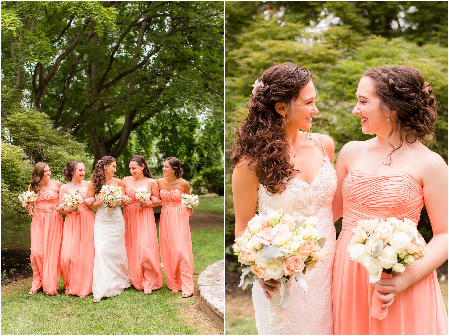 Bridesmaids in peach Donna Morgan dresses