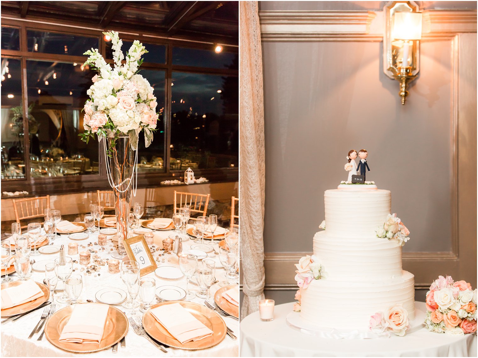 Peach wedding centerpieces and wedding cake at Ramsey Golf Club