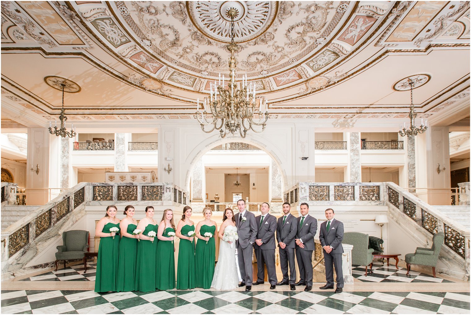 Bridal party in emerald green and gray
