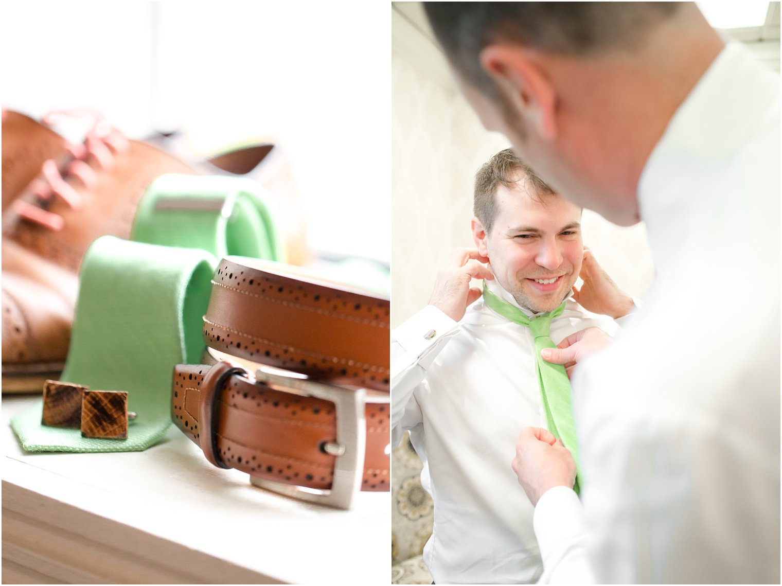 Groom details in brown leather shoes and green tie