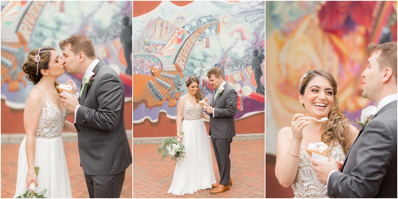 Bride and groom eating ice cream