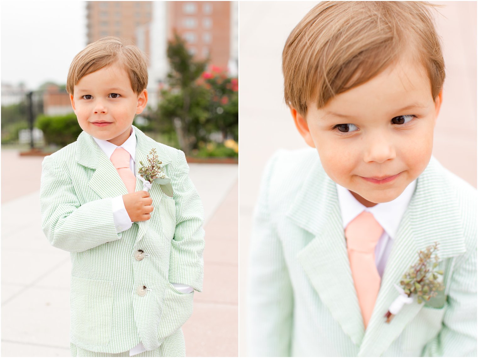 Ring bearer in green seersucker suit