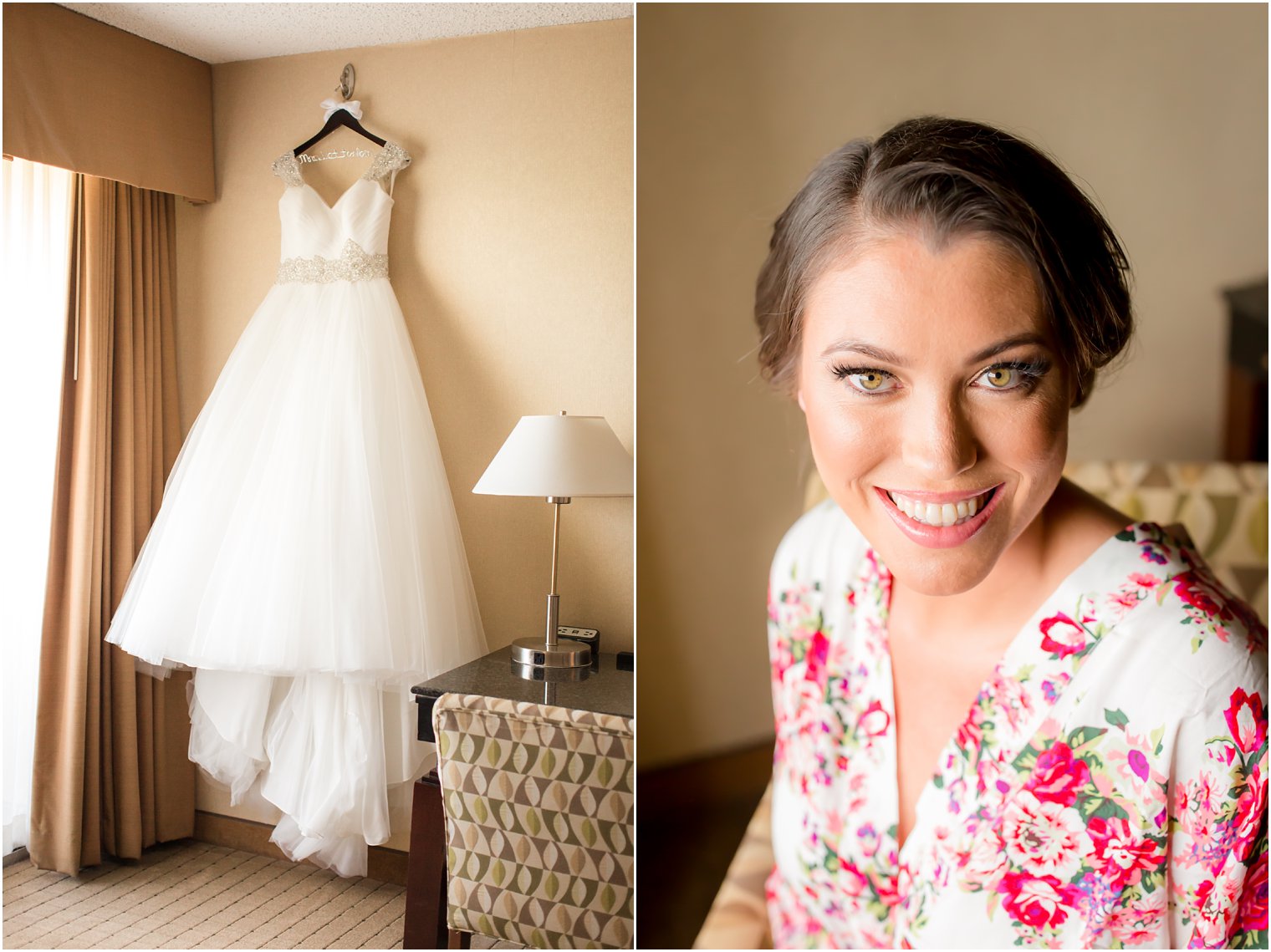 Bride in floral robe and wedding dress