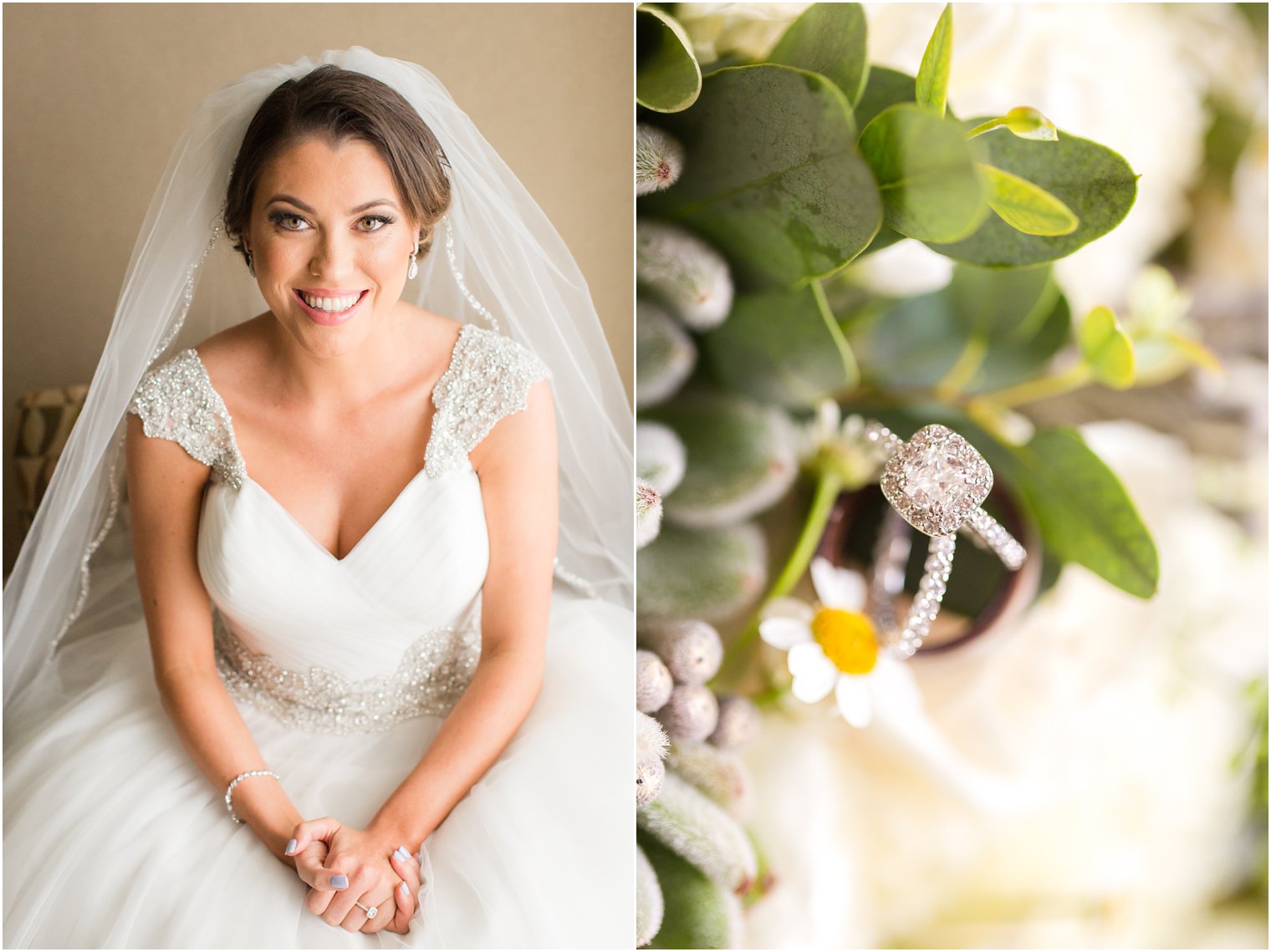 Bridal portrait and rings on bouquet for Windows on the Water at Frogbridge Wedding