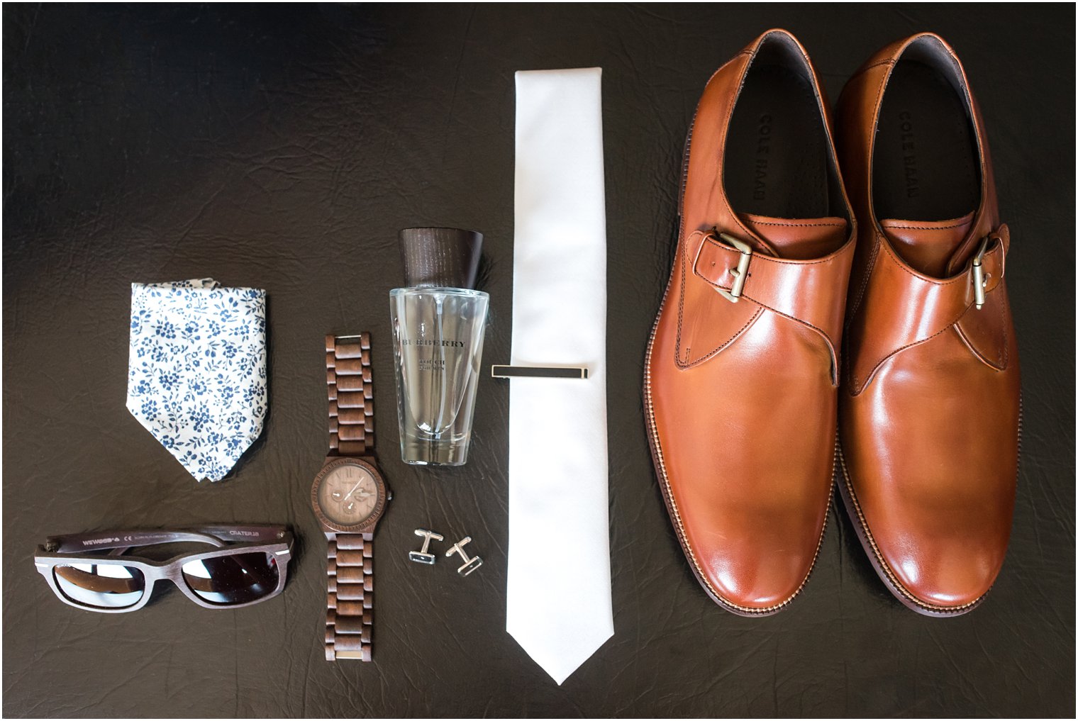 Groom shoes, watch, tie, and cologne