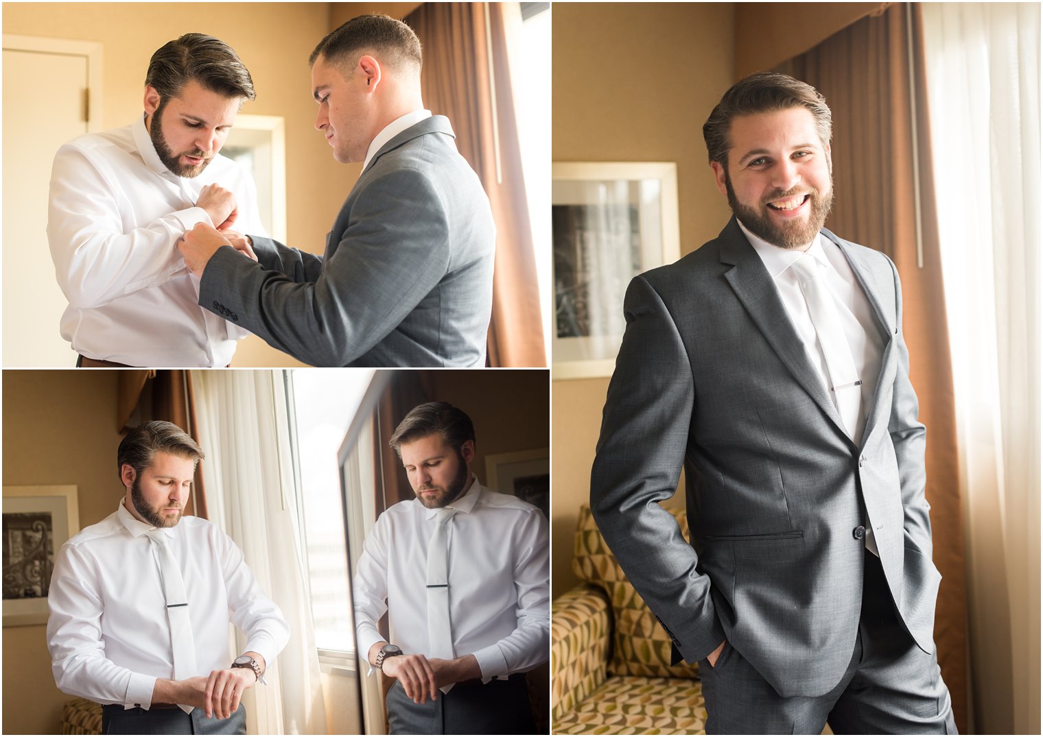 Groom getting ready with best man at Windows on the Water at Frogbridge Wedding