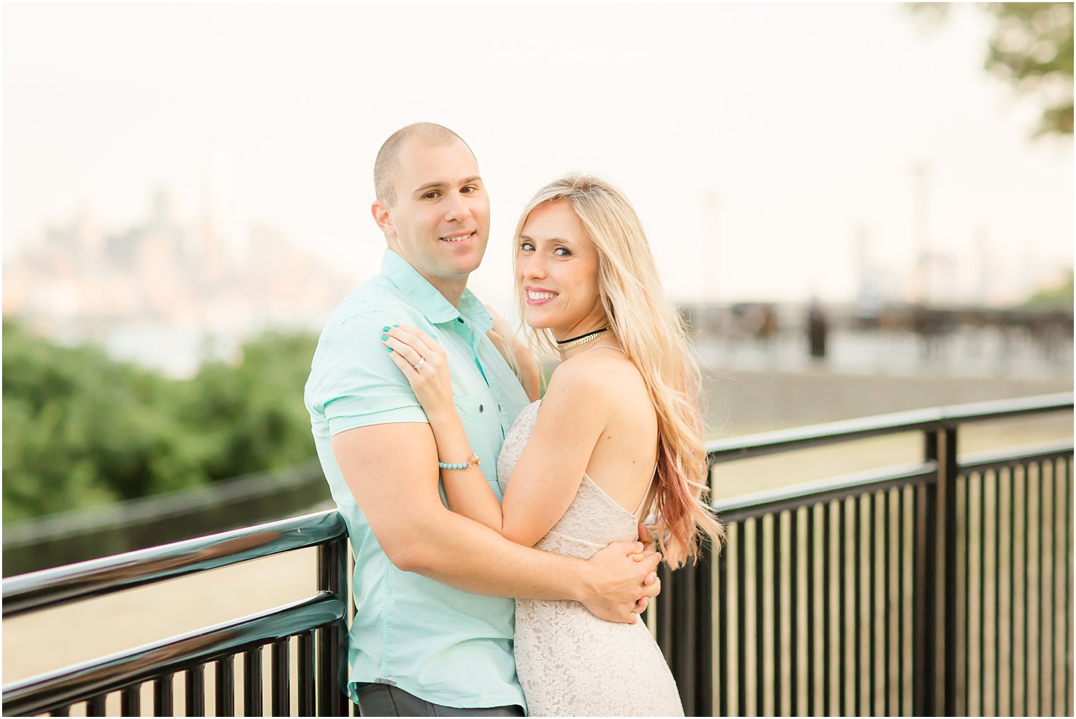 Summer engagement outfits in turquoise and tan