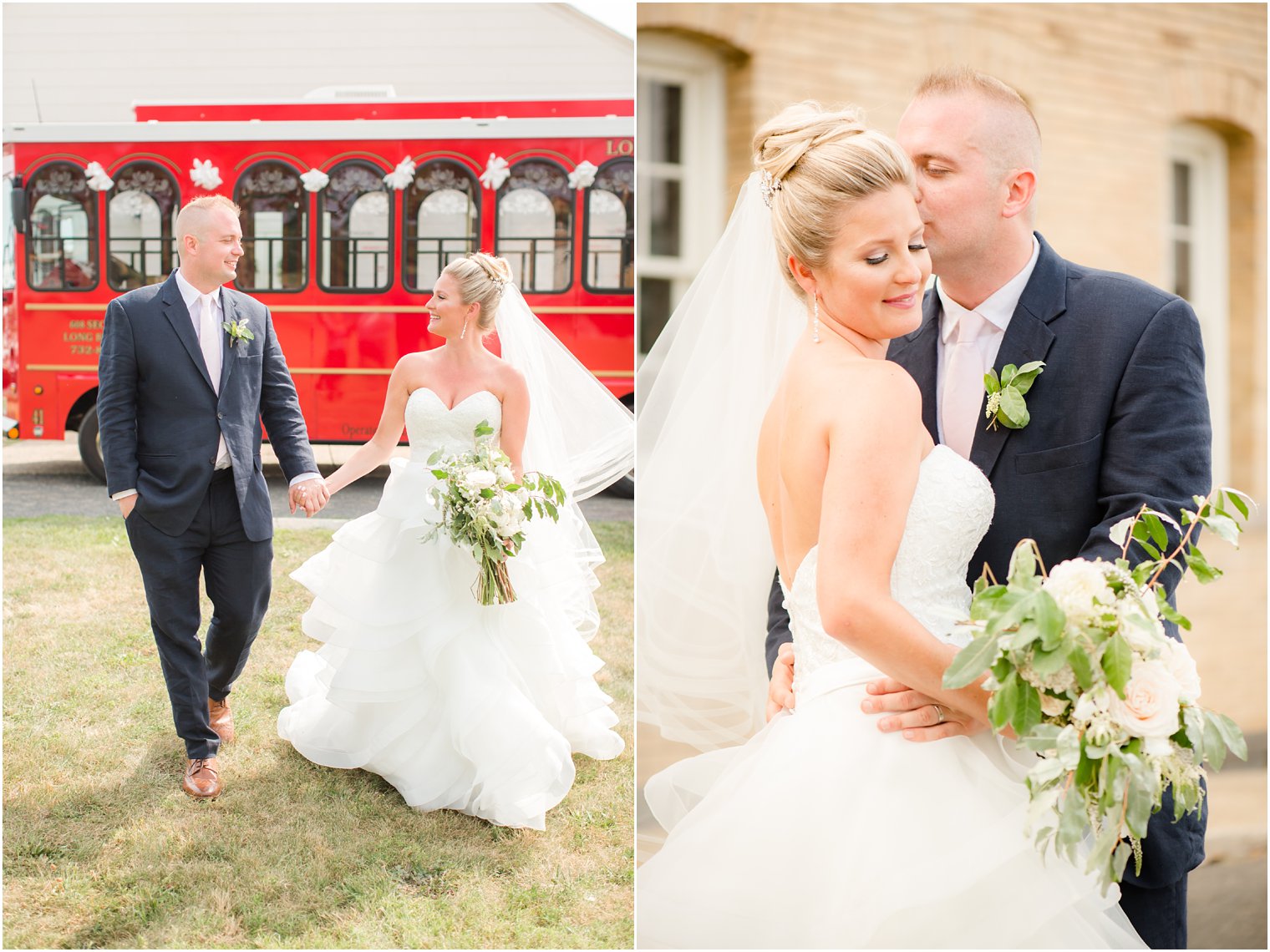 Bride and groom in front of Long Branch Trolley