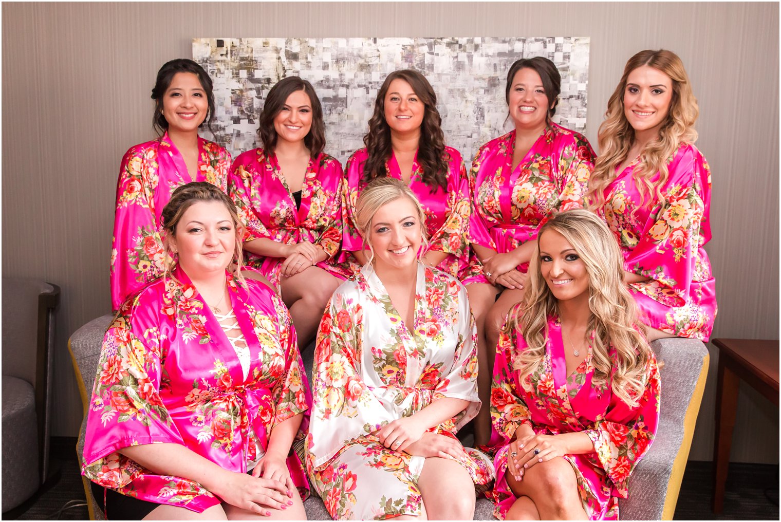 Bridesmaids in pink floral robes