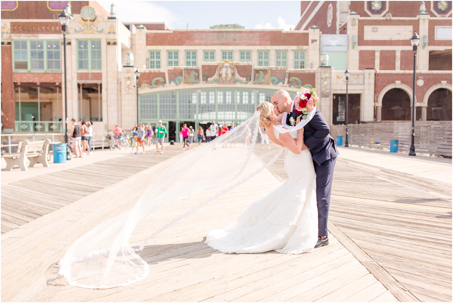 Veil blowing in the wind in Asbury Park Wedding Photos