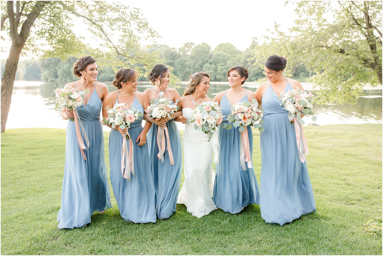 Bridesmaids in blue Bill Levkoff dresses | Idalia Photography