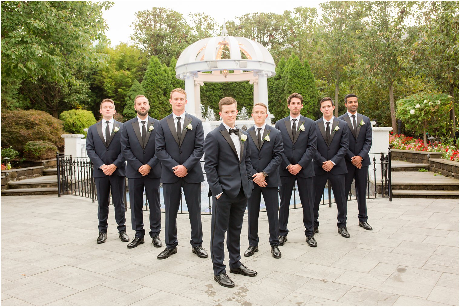 Classic groomsmen photo in blue tuxedos