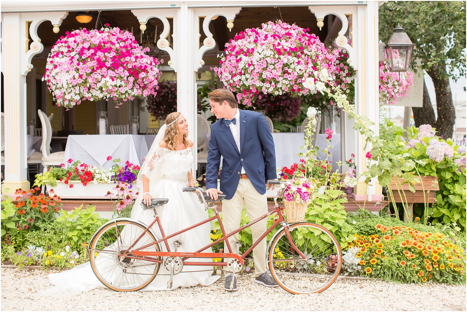 Bride and Groom with rental bike from Rustic Drift | LBI Wedding