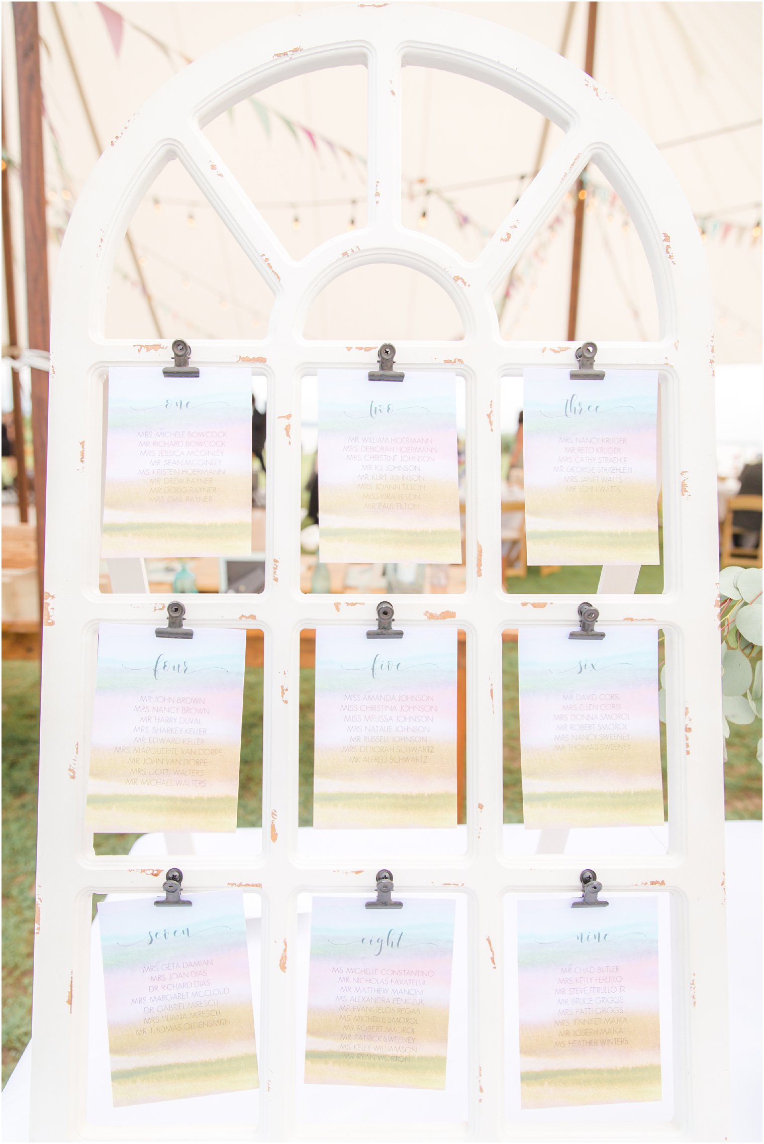 Wedding reception seating cards with watercolor