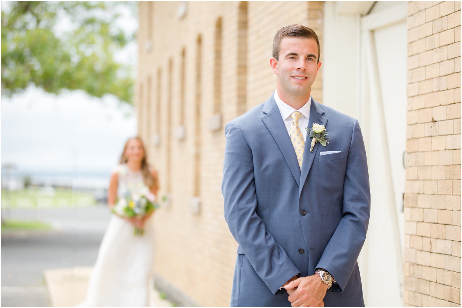 Groom first look photo at Sandy Hook NJ Wedding