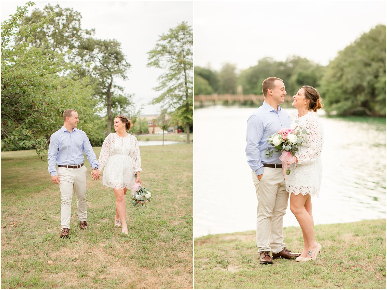 Couple walking in spring lake for engagement photos