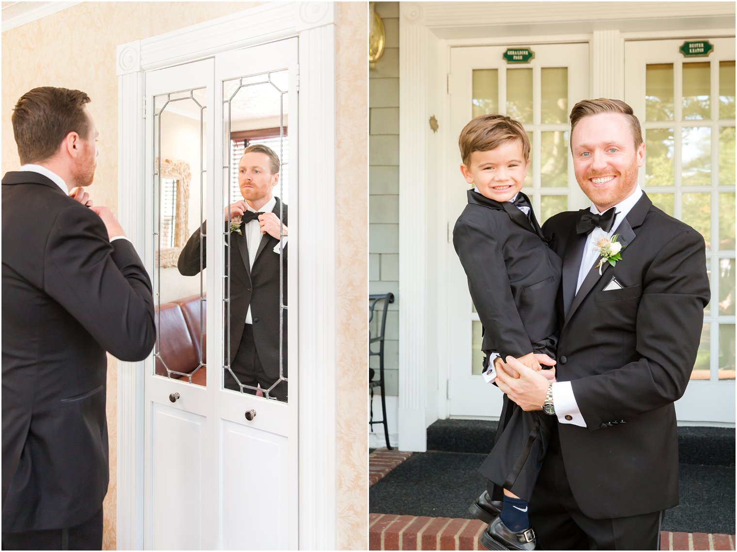 Groom getting ready with ring bearer