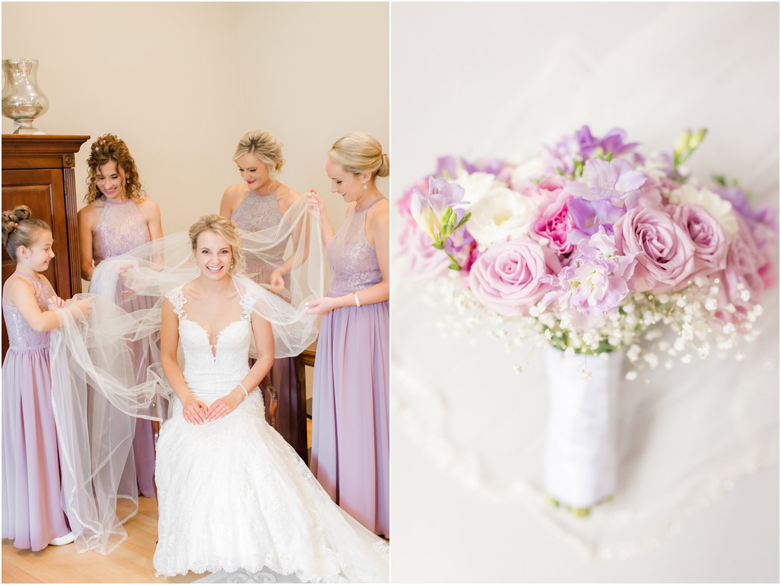 Bridesmaids putting on bride's veil