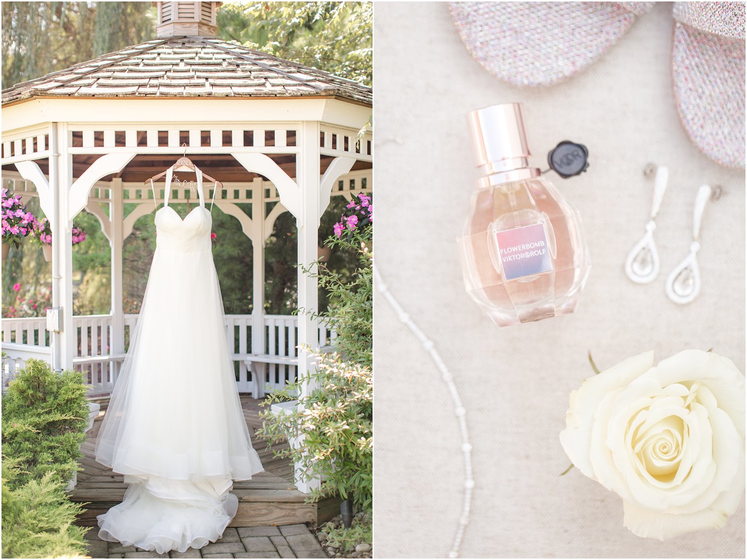 Wedding dress, perfume, and shoes at Windows on the Water at Frogbridge Wedding