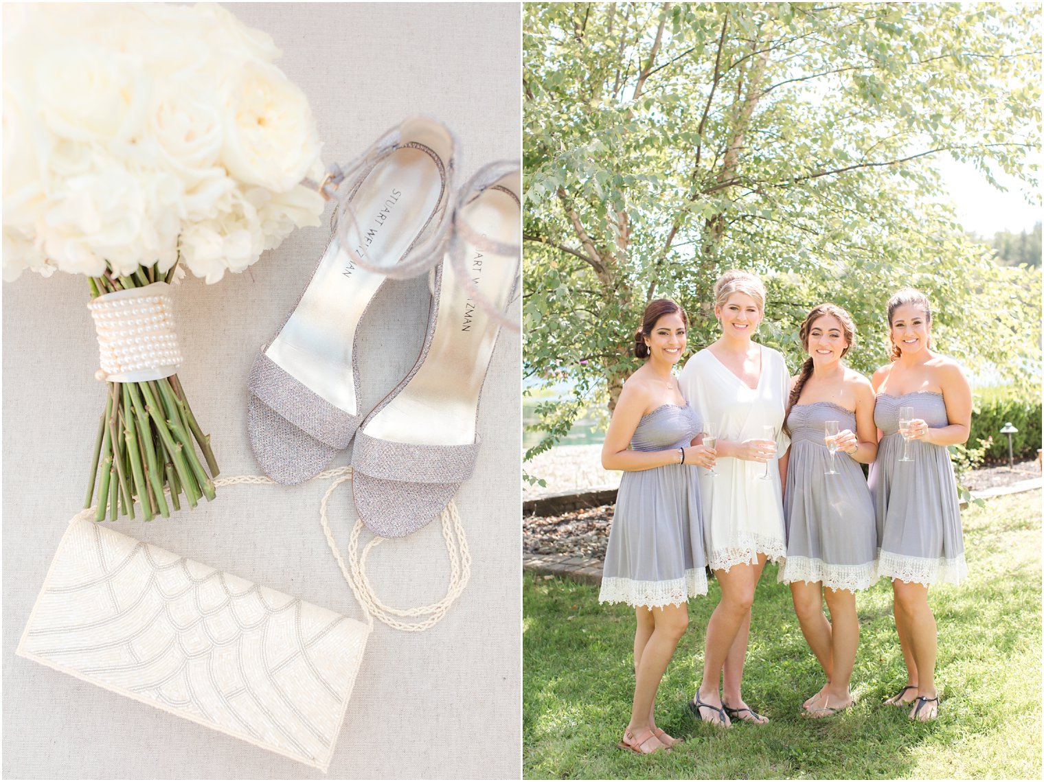 Bouquet, flowers, and bridesmaids robes in Windows on the Water at Frogbridge Wedding