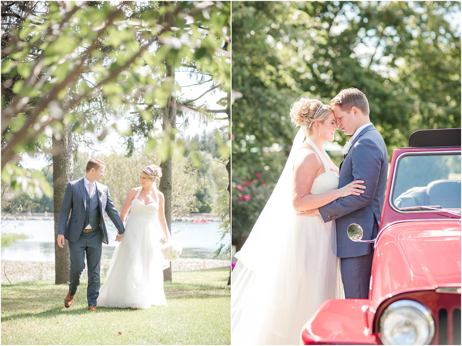 Bride and groom portraits with red Jeepster