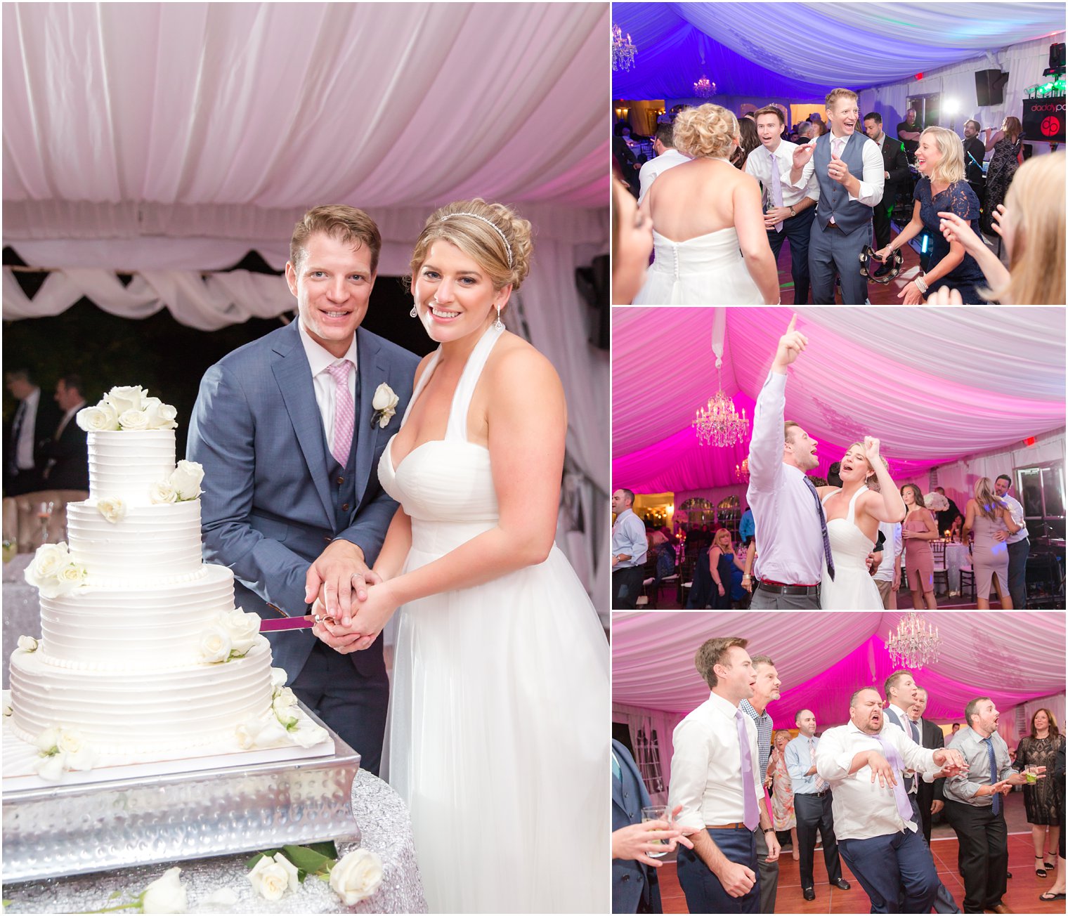 Bride and groom having fun at Windows on the Water at Frogbridge tented wedding reception