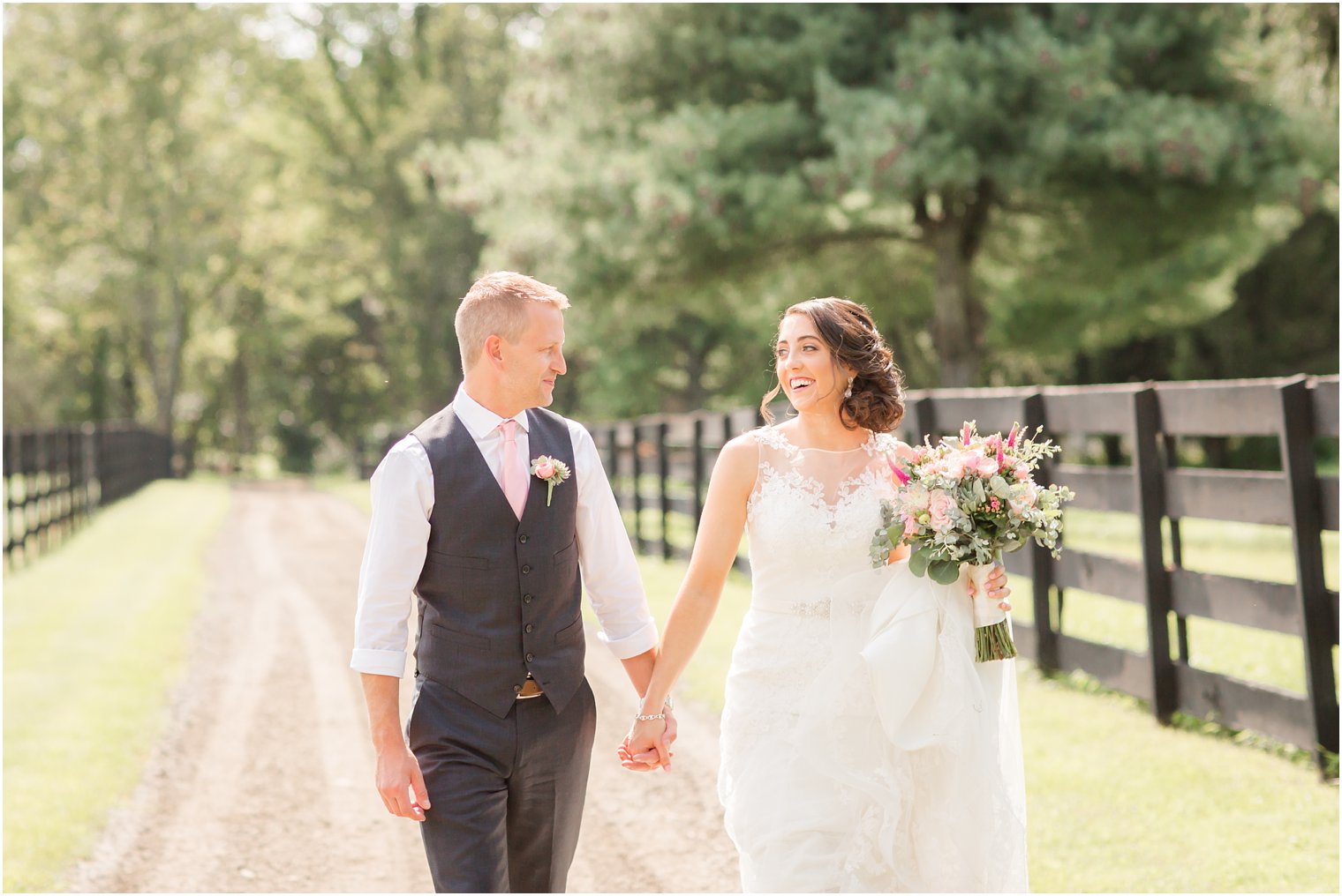 Candid photo of bride and groom at Stone Rows Farm