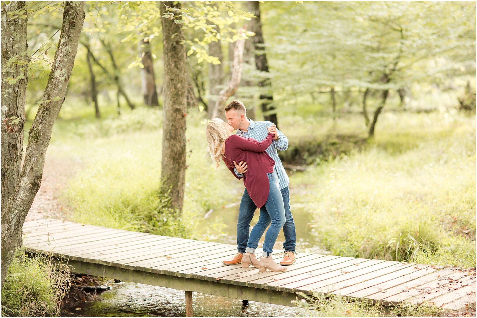 Romantic engagement photo with a dip