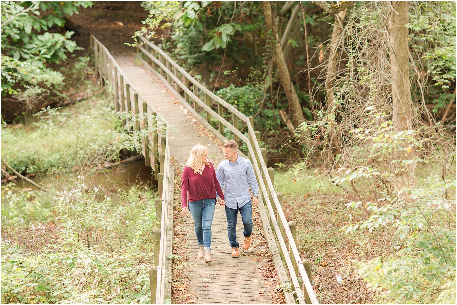 Allaire State Park bridge engagement photo