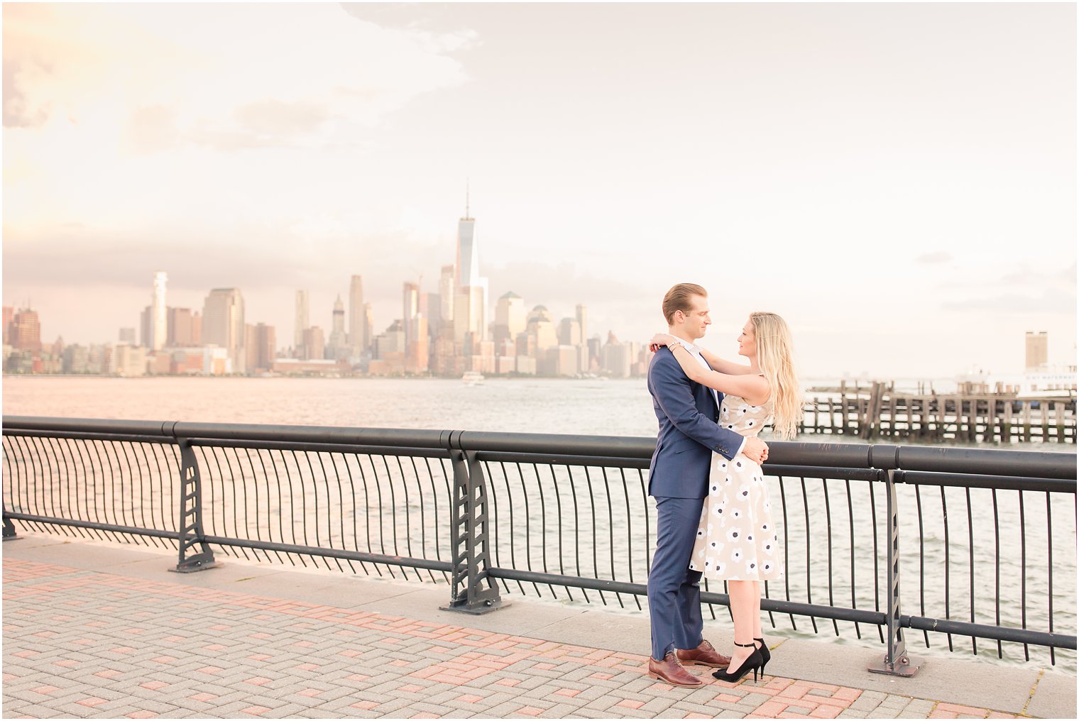 Romantic engagement photo with NYC skyline