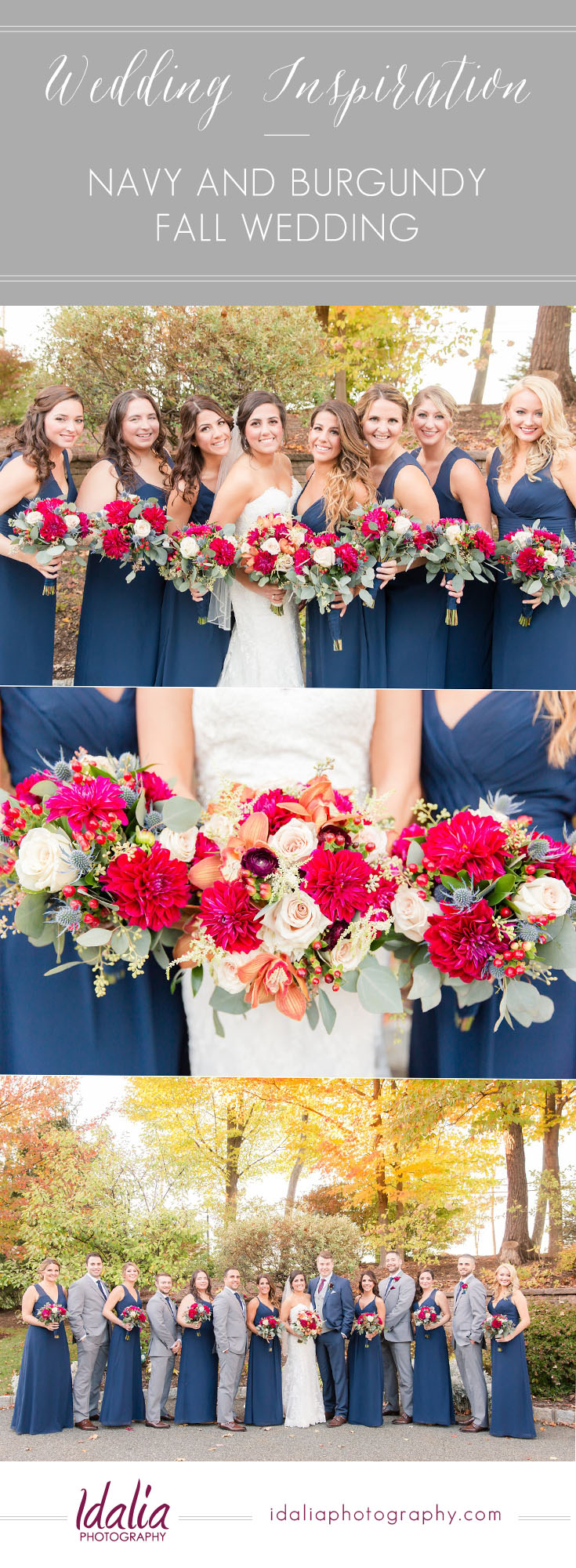 Bridal party in navy and burgundy | Fall Wedding Inspiration | Meadow Wood Manor | Randolph, NJ