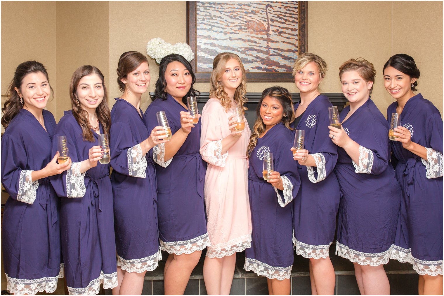 Bridesmaids in blue robes | Lambertville Station Inn Wedding Photos