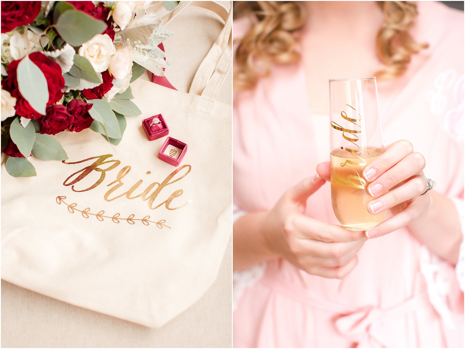 Bride tote and glass | Lambertville Station Inn Wedding Photos