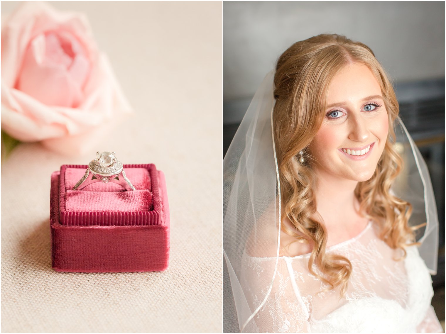 Engagement ring in halo setting | Lambertville Station Inn Wedding Photos by Idalia Photography
