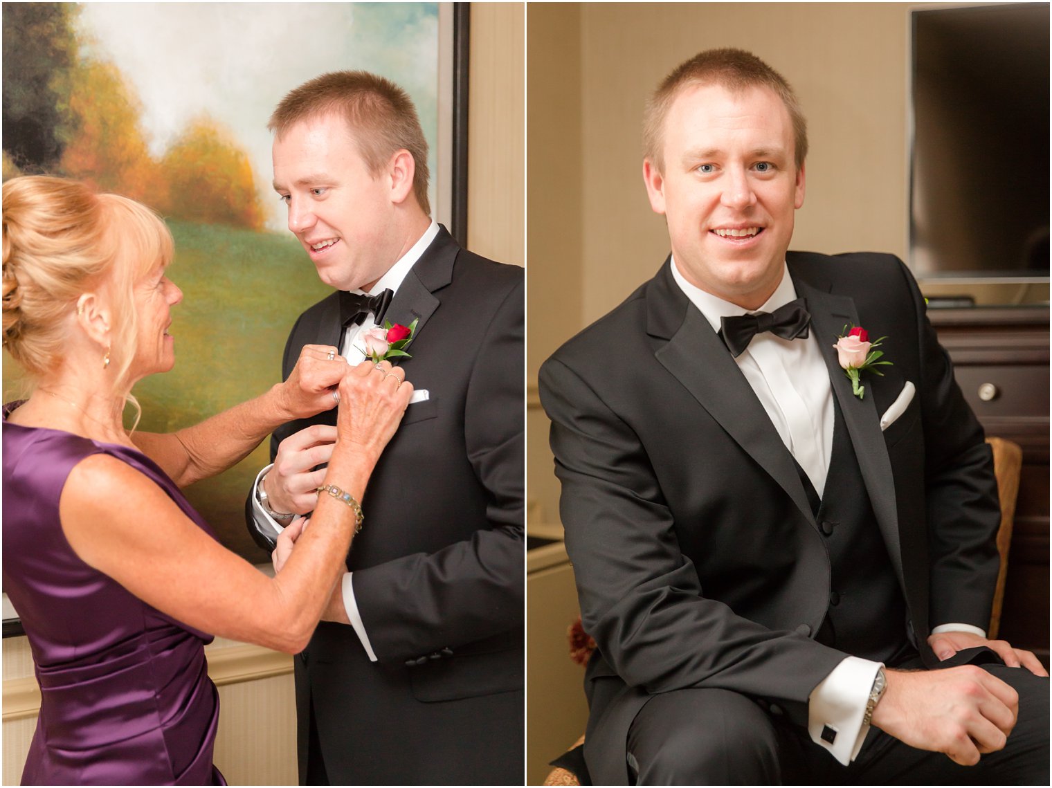 Groom's mother putting on his boutonniere