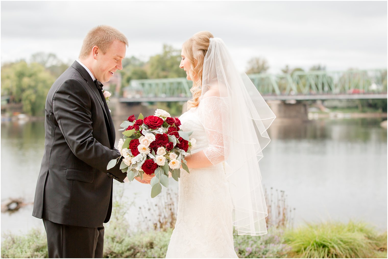 Bride and groom with Lambertville-New Hope Bridge