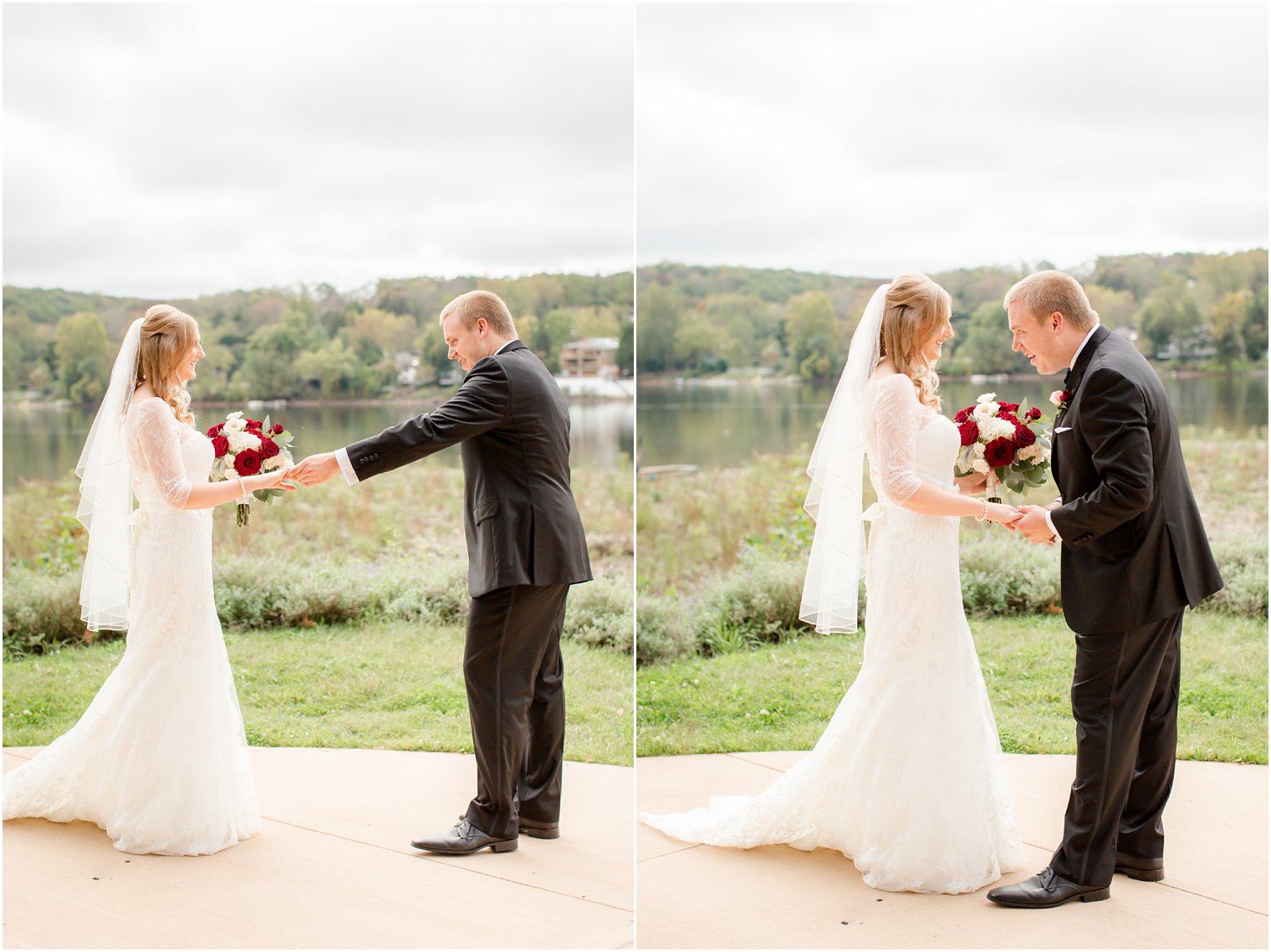 Bride and groom with New Hope in the background