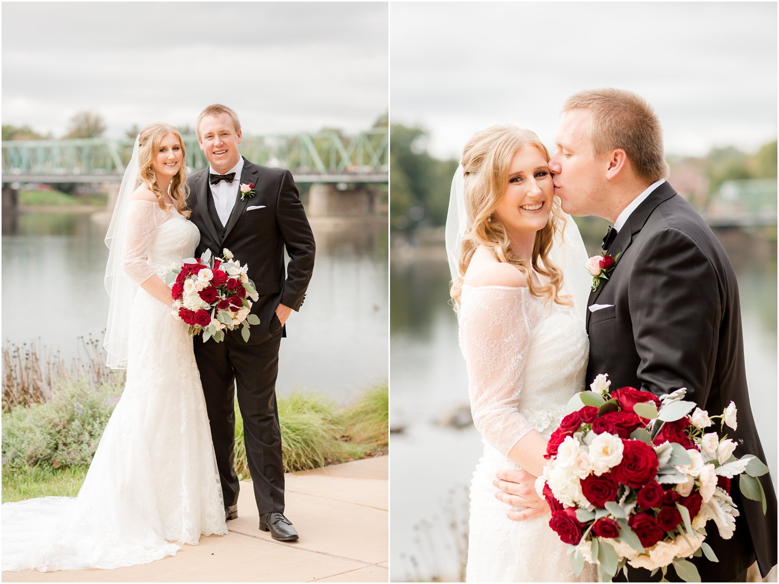 Classic fall wedding with red flowers and black tuxedo