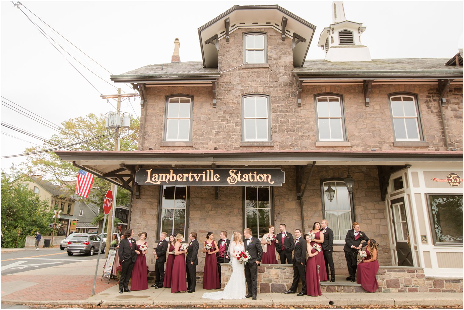 Bridal party photo in front of the Lambertville Station Inn