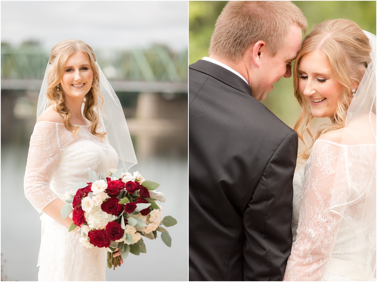 Bridal portrait of bride with lace off-the shoulder dress by Maggie Sottero