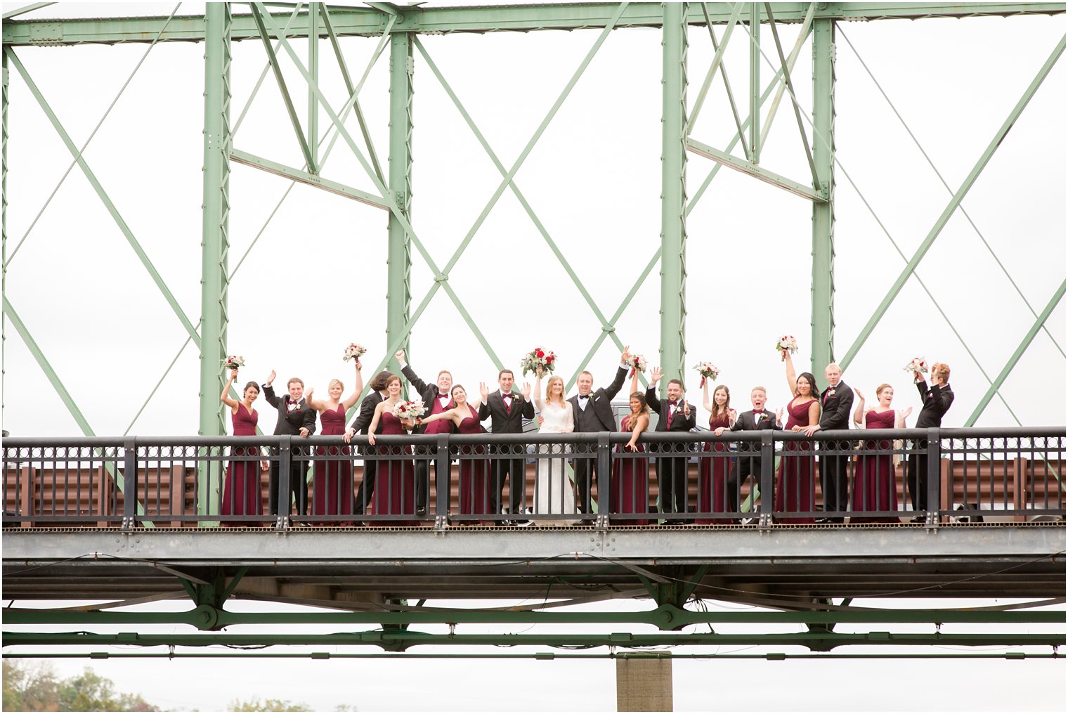 Bridal party waving from the New Hope - Lambertville Bridge