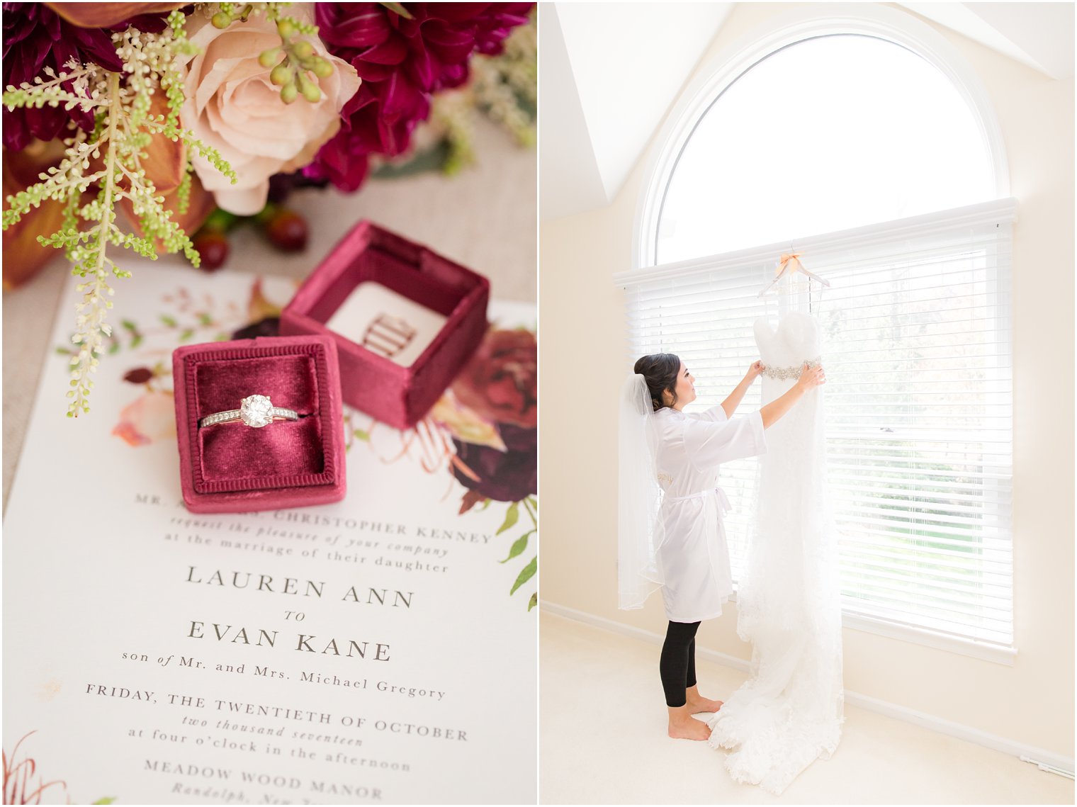 Engagement ring in burgundy Mrs. Box and bride with her wedding dress | Photos by NJ Wedding Photographers Idalia Photography