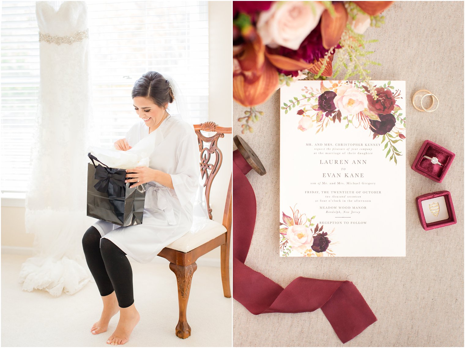 Bride opening gift from her groom and fall wedding invitation with burgundy accent colors
