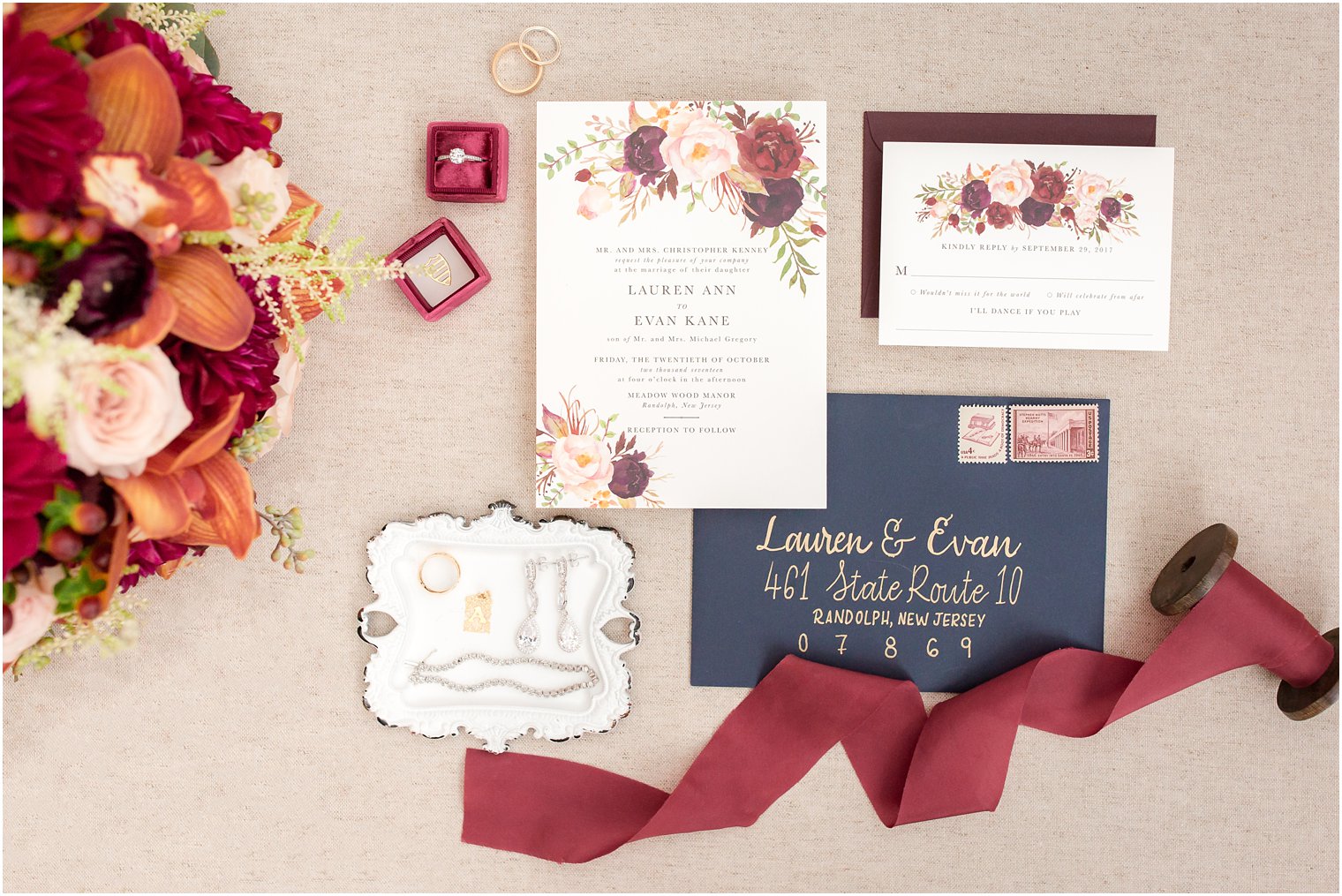 Fall wedding invitation with burgundy and navy | Photos by NJ Wedding Photographers Idalia Photography