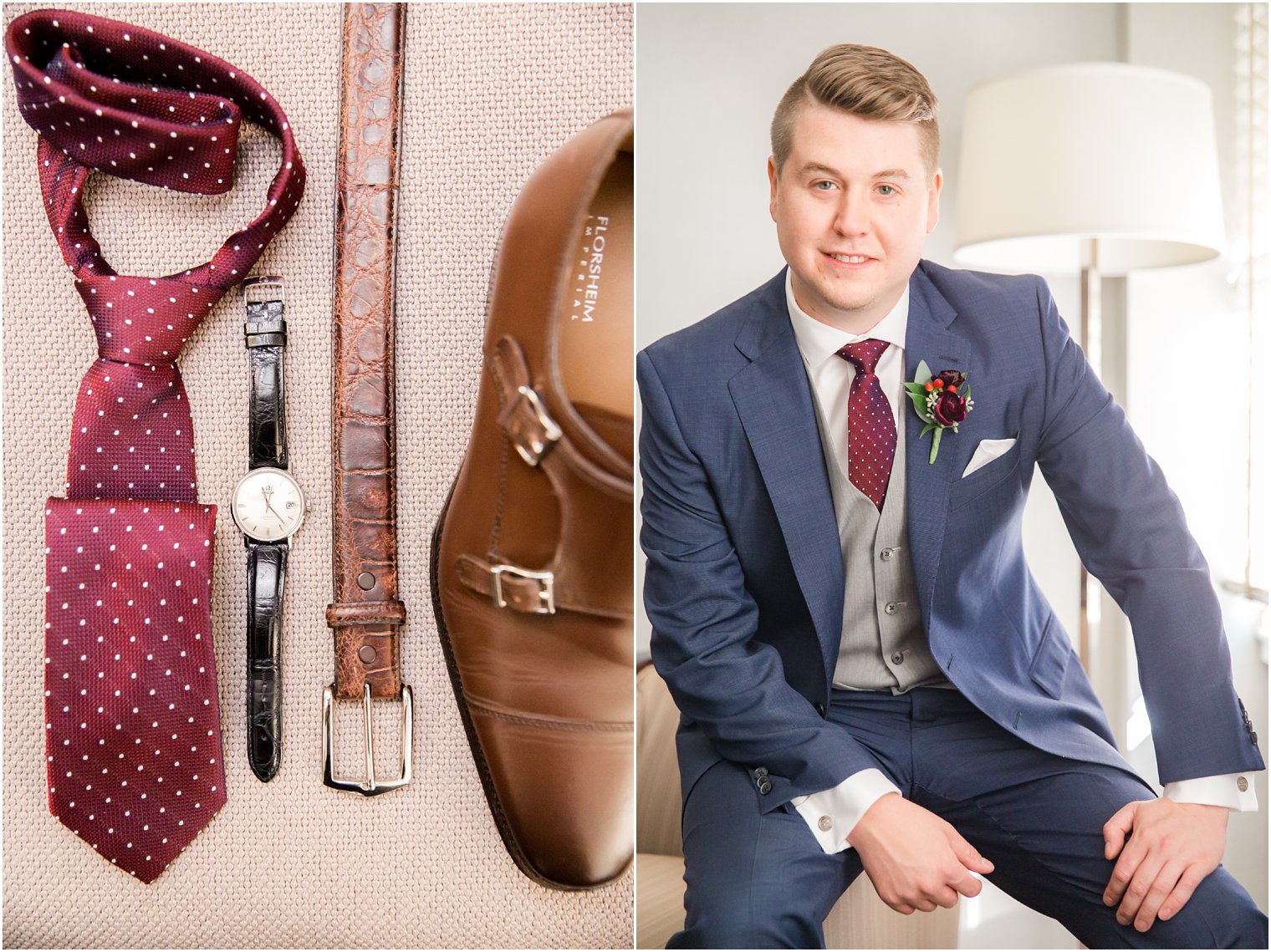Groom on wedding day wearing burgundy and navy blue