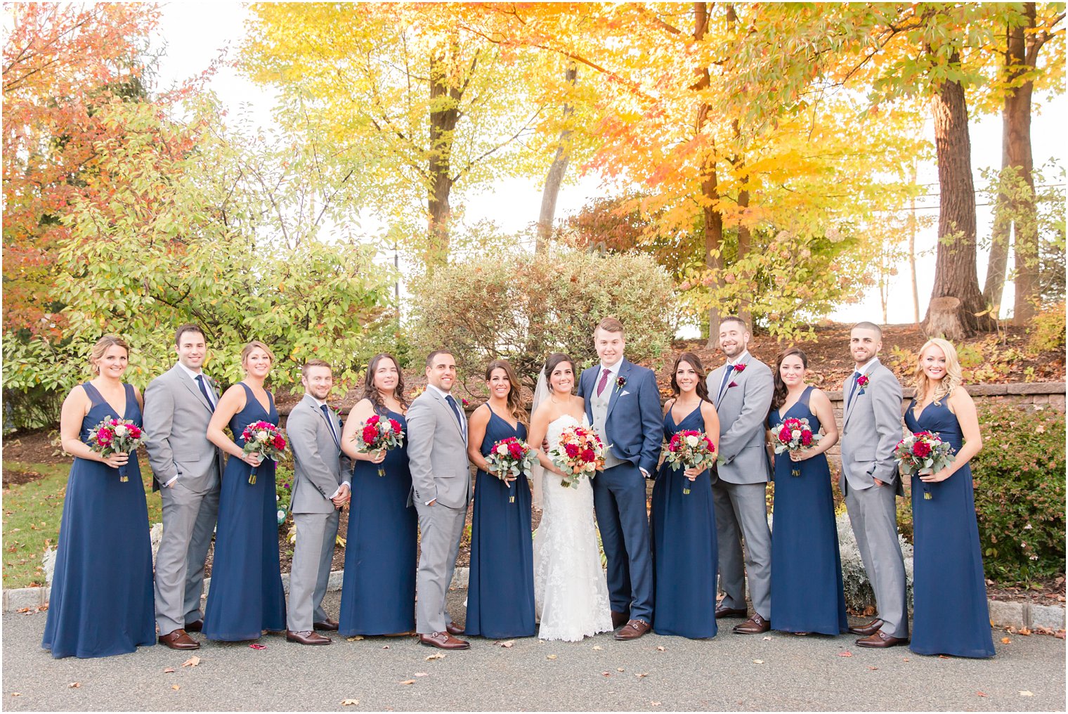 Bridal Party wearing blue, navy, and burgundy | Photos by NJ Wedding Photographers Idalia Photography